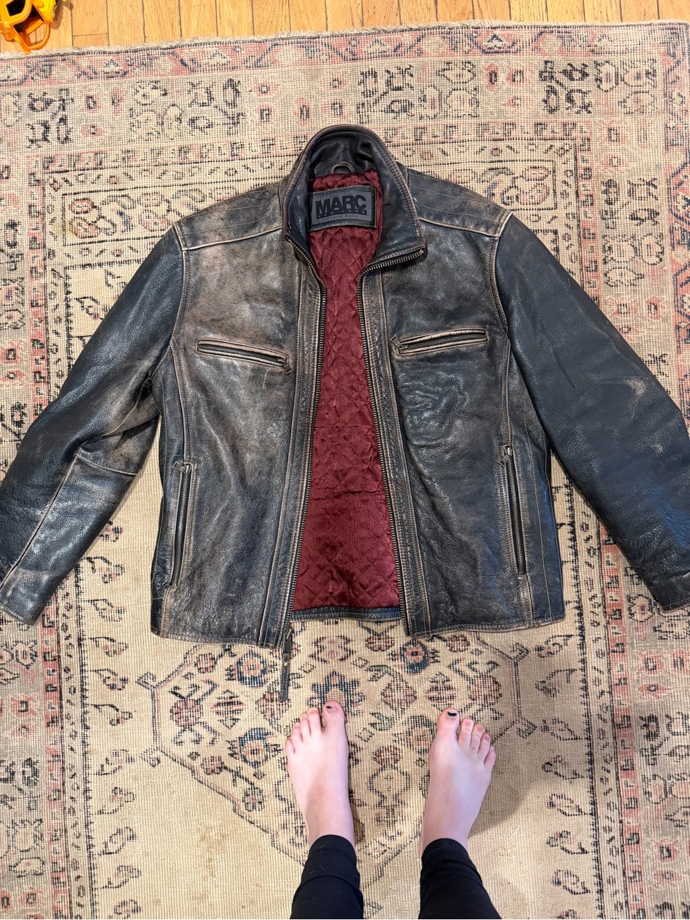 Marc New York Men’s Black Leather Jacket with Quilted Burgundy Lining